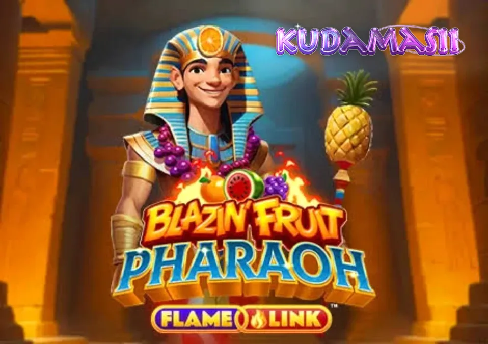 Tampilan visual slot Blazin’ Fruit Pharaoh FlameLink dengan simbol buah dan tema Mesir